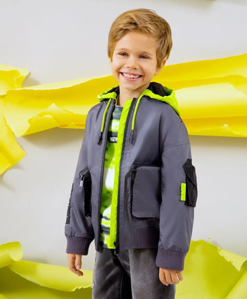 Jachetă bomber cu glugă din material de ploaie dens, gri, Gulliver