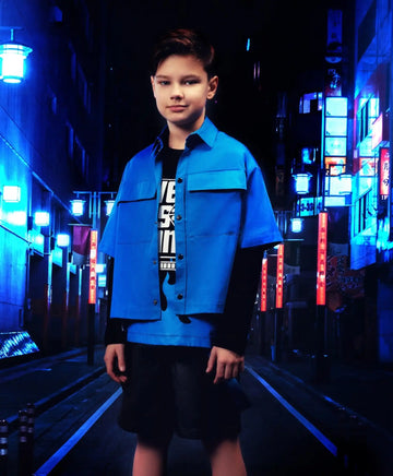 Cămașă largă albastră cu mânecă scurtă din poplin, Gulliver