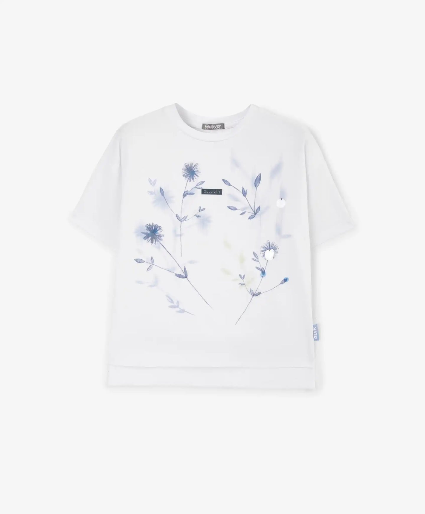 Tricou pentru fată cu imprimeu floral și decorațiune cu paiete, alb, Gulliver