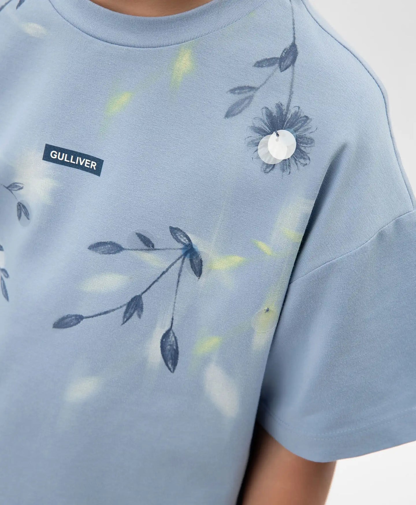 Tricou pentru fată cu imprimeu și decorațiune cu paiete, albastru, Gulliver