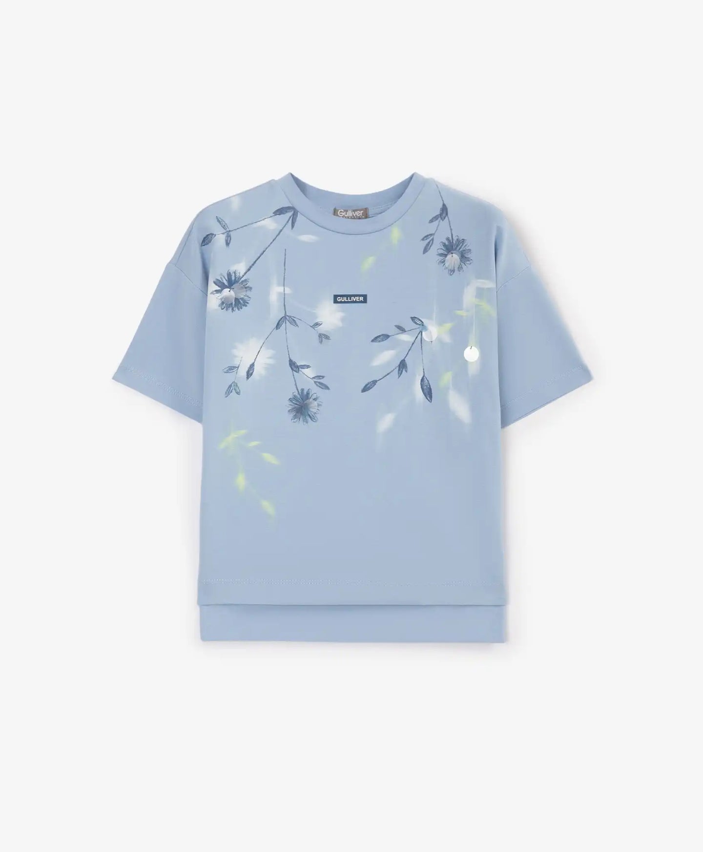 Tricou pentru fată cu imprimeu și decorațiune cu paiete, albastru, Gulliver