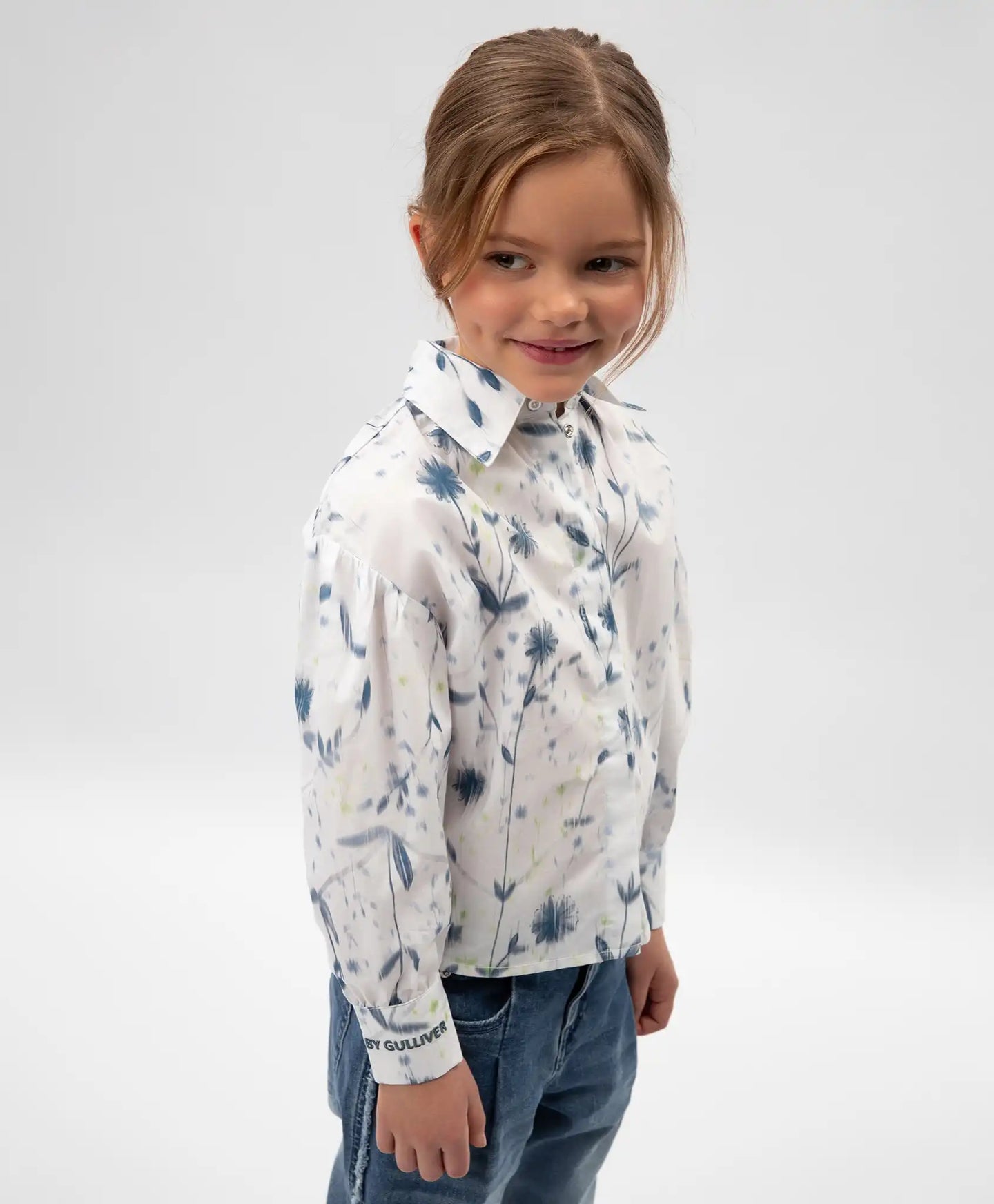 Bluză cu mânecă lungă din poplin cu motiv floral, albă, Gulliver