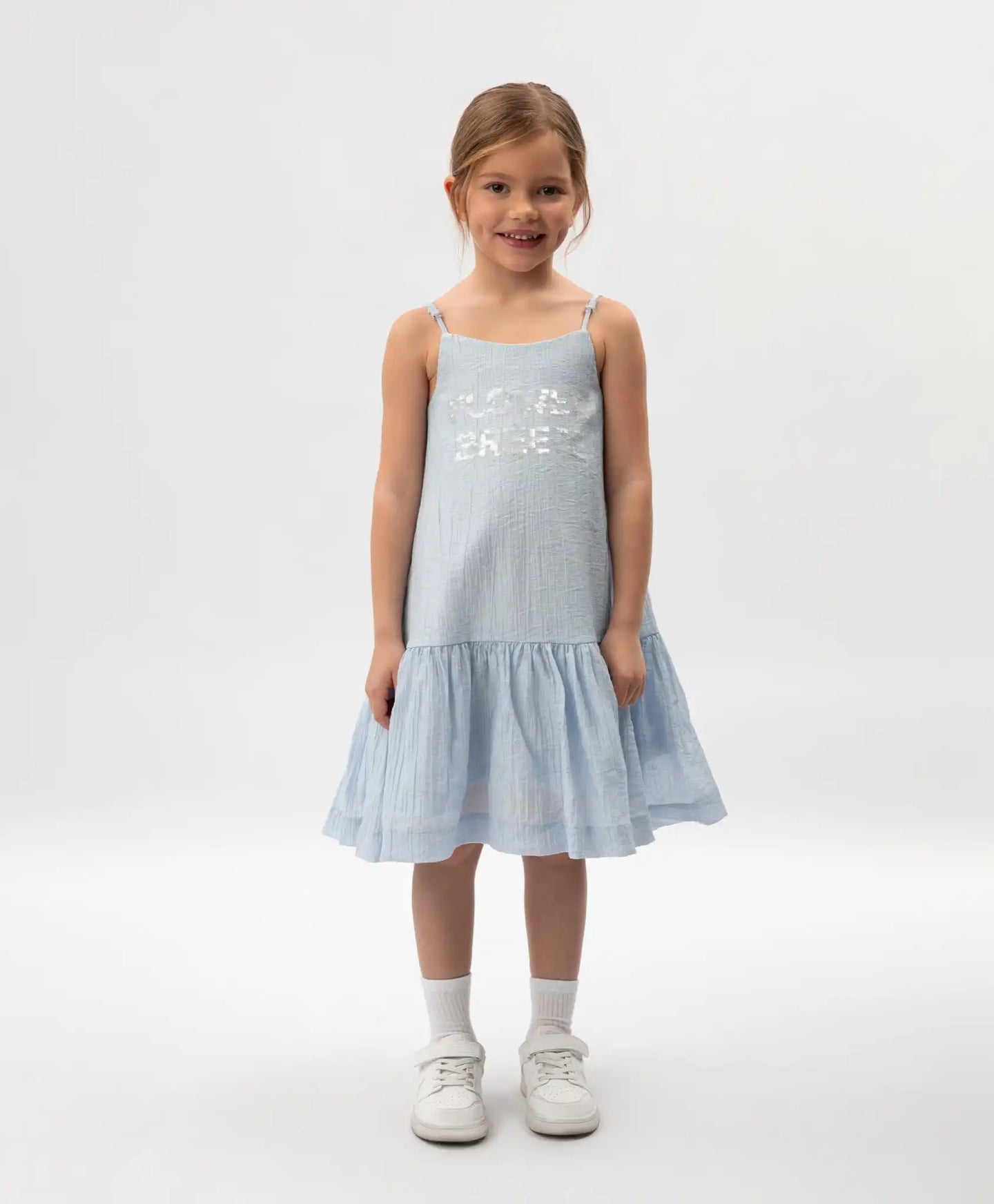 Rochie-sărafan pentru copii, albastră, din viscoză subțire și semi-transparentă, Gulliver.