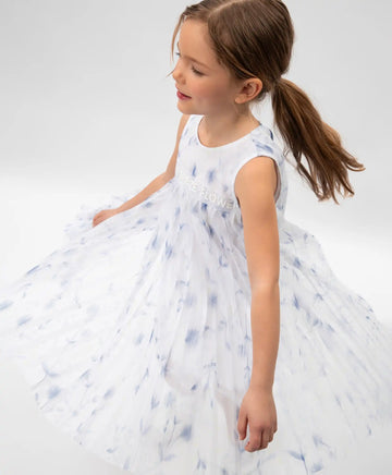 Rochie pentru copii, albă, din plasă plisată cu model floral și căptușeală, Gulliver.