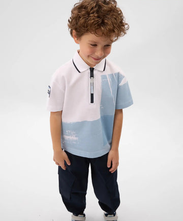 Polo cu mânecă scurtă pentru băiat, alb, cu imprimeu din pique, Gulliver
