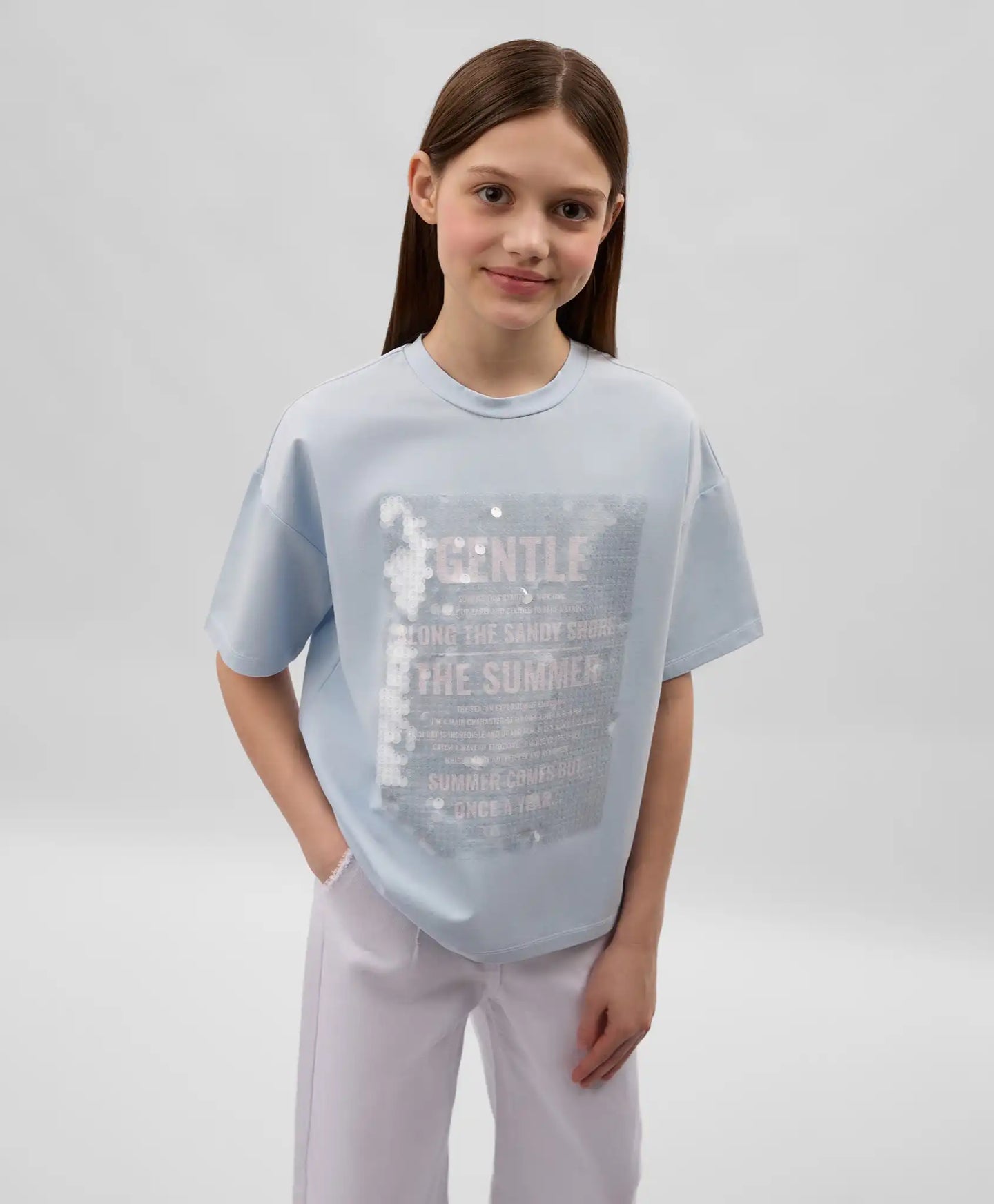 Tricou oversize pentru fată cu decorațiune din paiete transparente, albastru, Gulliver