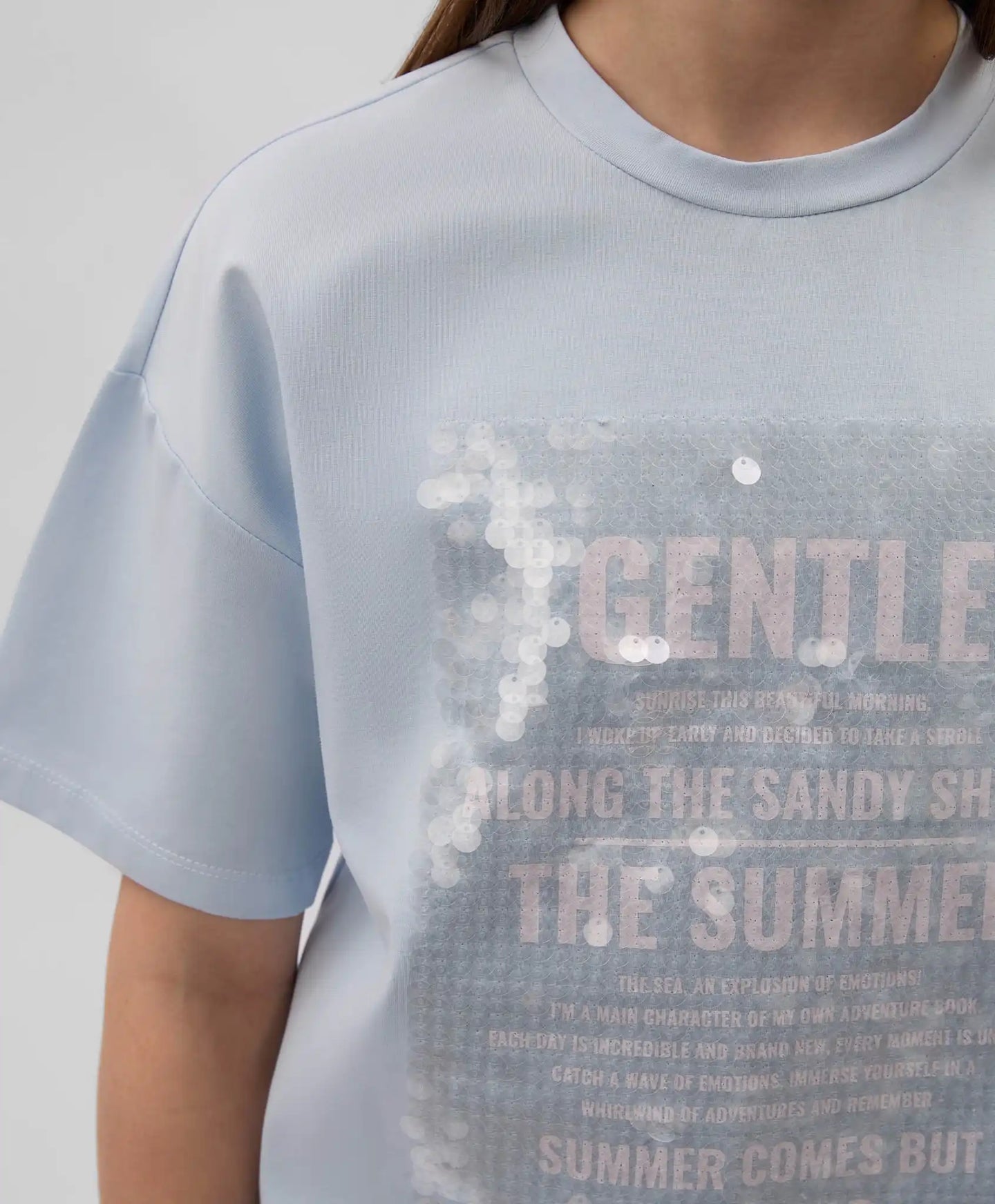 Tricou oversize pentru fată cu decorațiune din paiete transparente, albastru, Gulliver