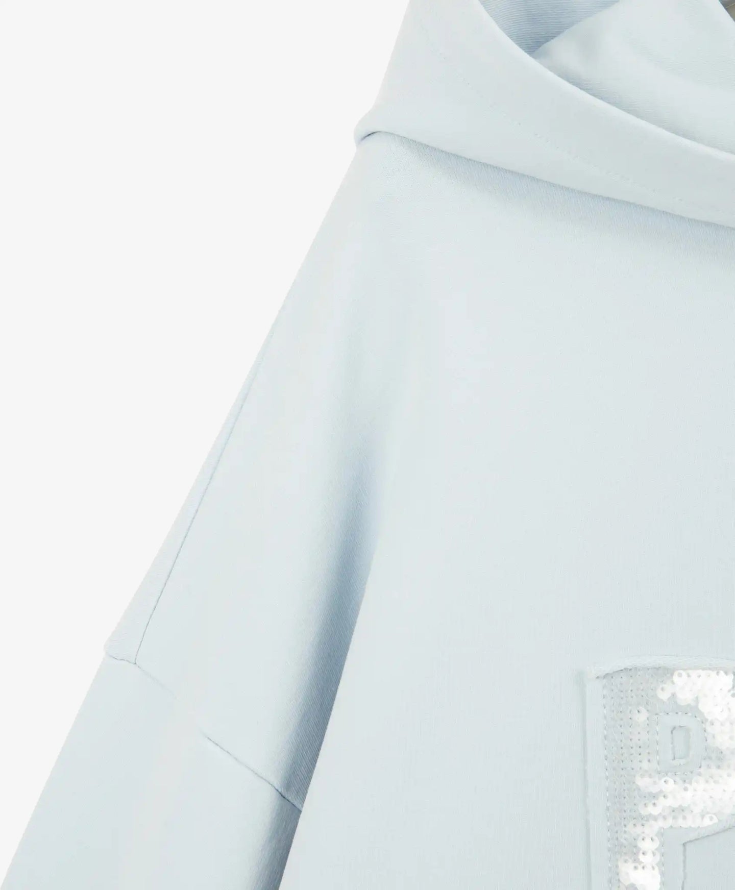 Hanorac cu glugă pentru fete cu siluetă moderat oversized și decorație din paiete transparente albastre Gulliver