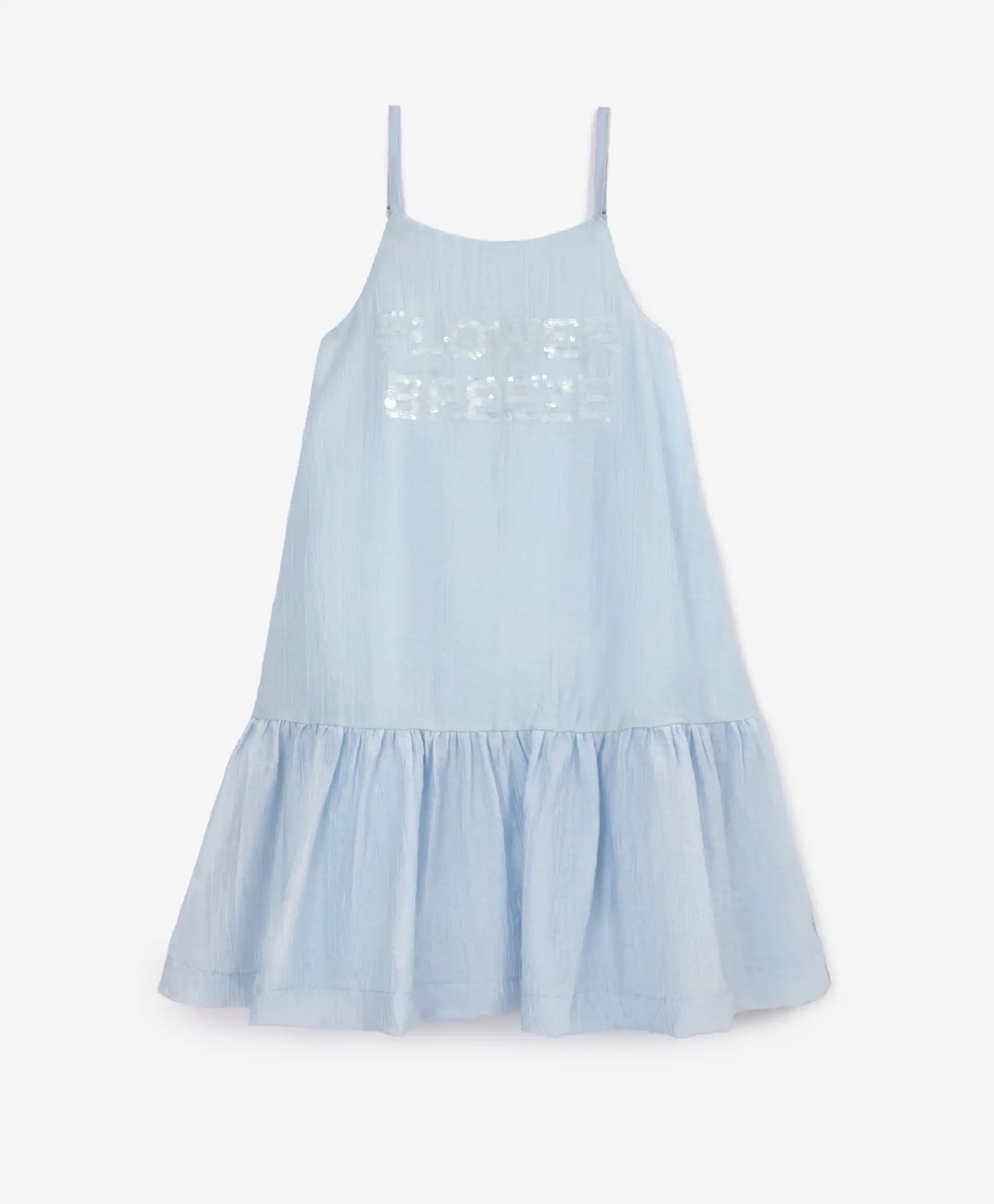 Sărafan pentru copii, albastru, cu siluetă trapez, din batistă, cu decor din paiete, Gulliver.