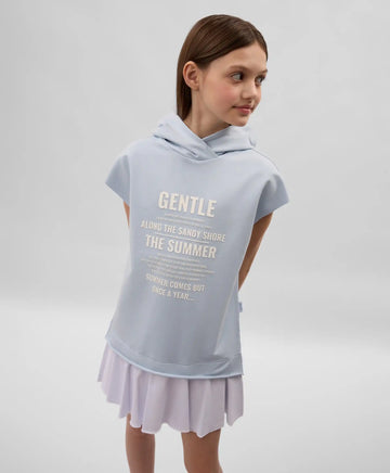 Rochie pentru copii, din tricot, cu glugă, de formă dreaptă și liberă, fără mâneci, albastră, Gulliver.