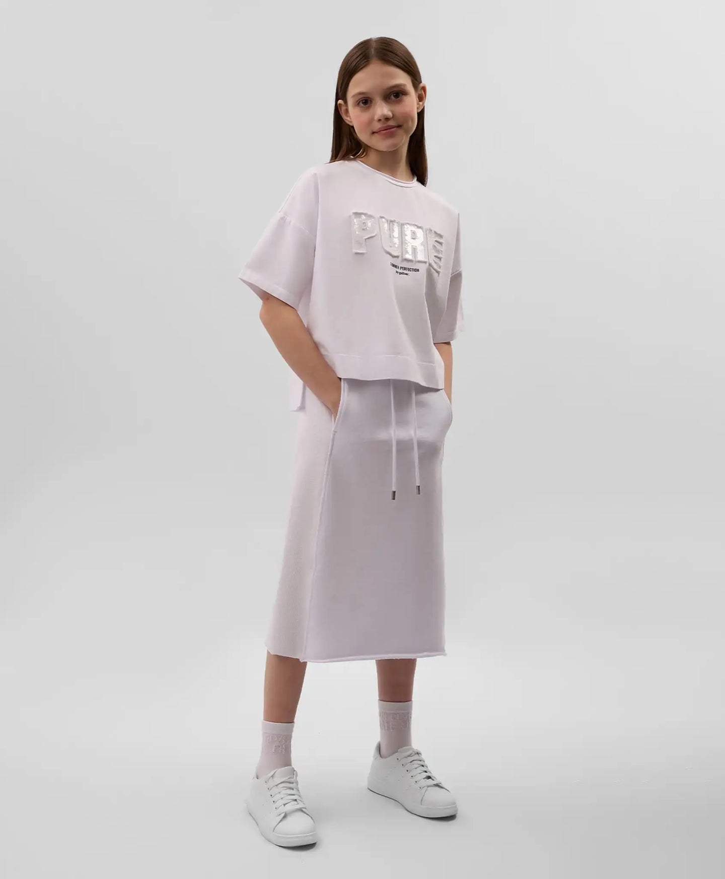 Fustă tricotată albă, cu talie medie și inserții reiate, Gulliver