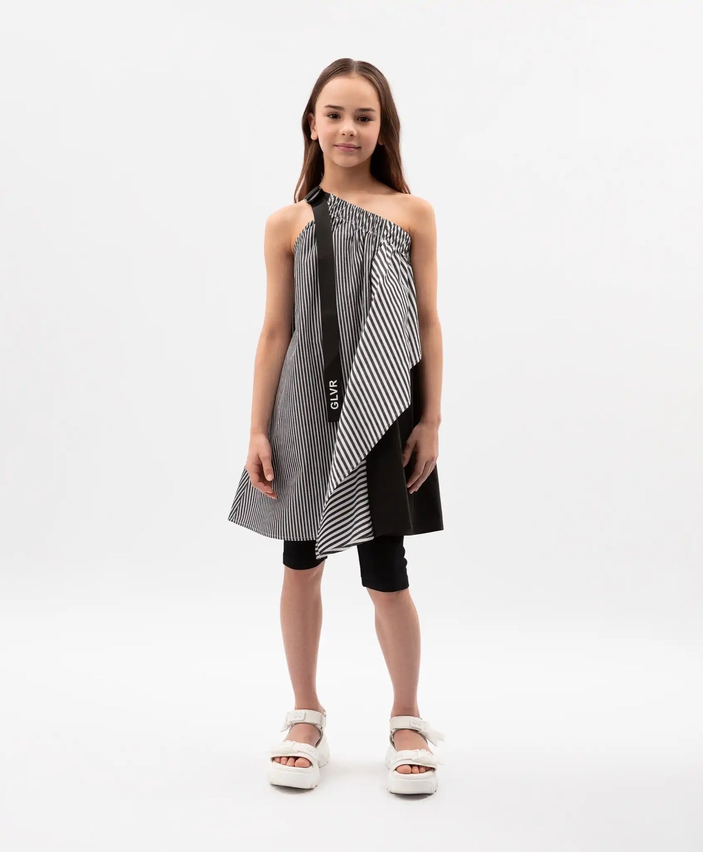 Sărafan textil pentru copii, cu croi asimetric și un umăr descoperit, combinat, Gulliver.