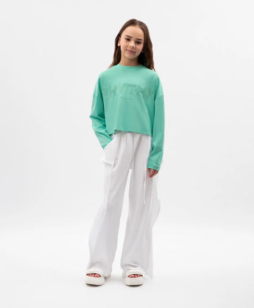 Pantaloni tip „tub” pentru fată, din tricot, cu detalii detașabile, albi, Gulliver