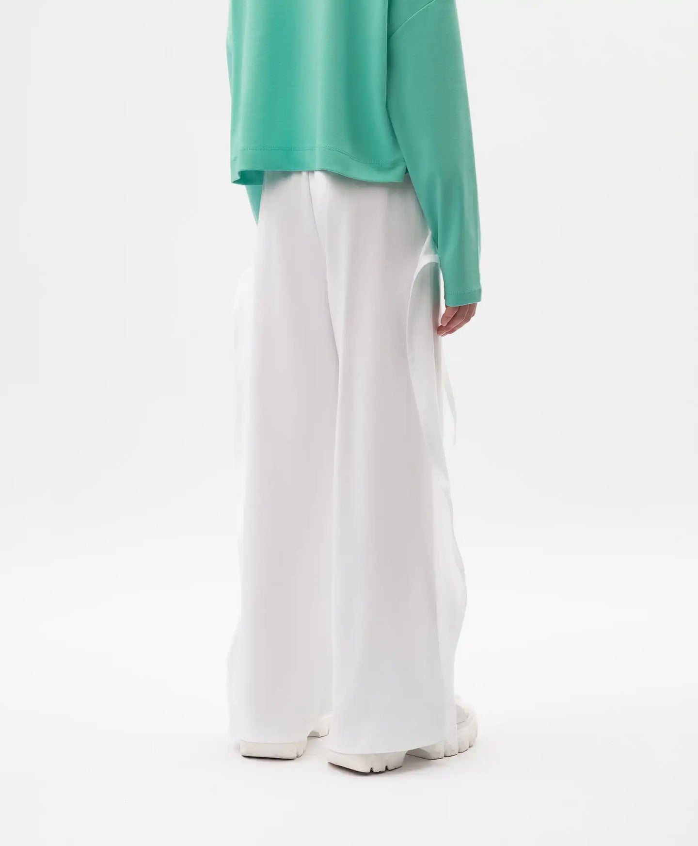 Pantaloni tip „tub” pentru fată, din tricot, cu detalii detașabile, albi, Gulliver