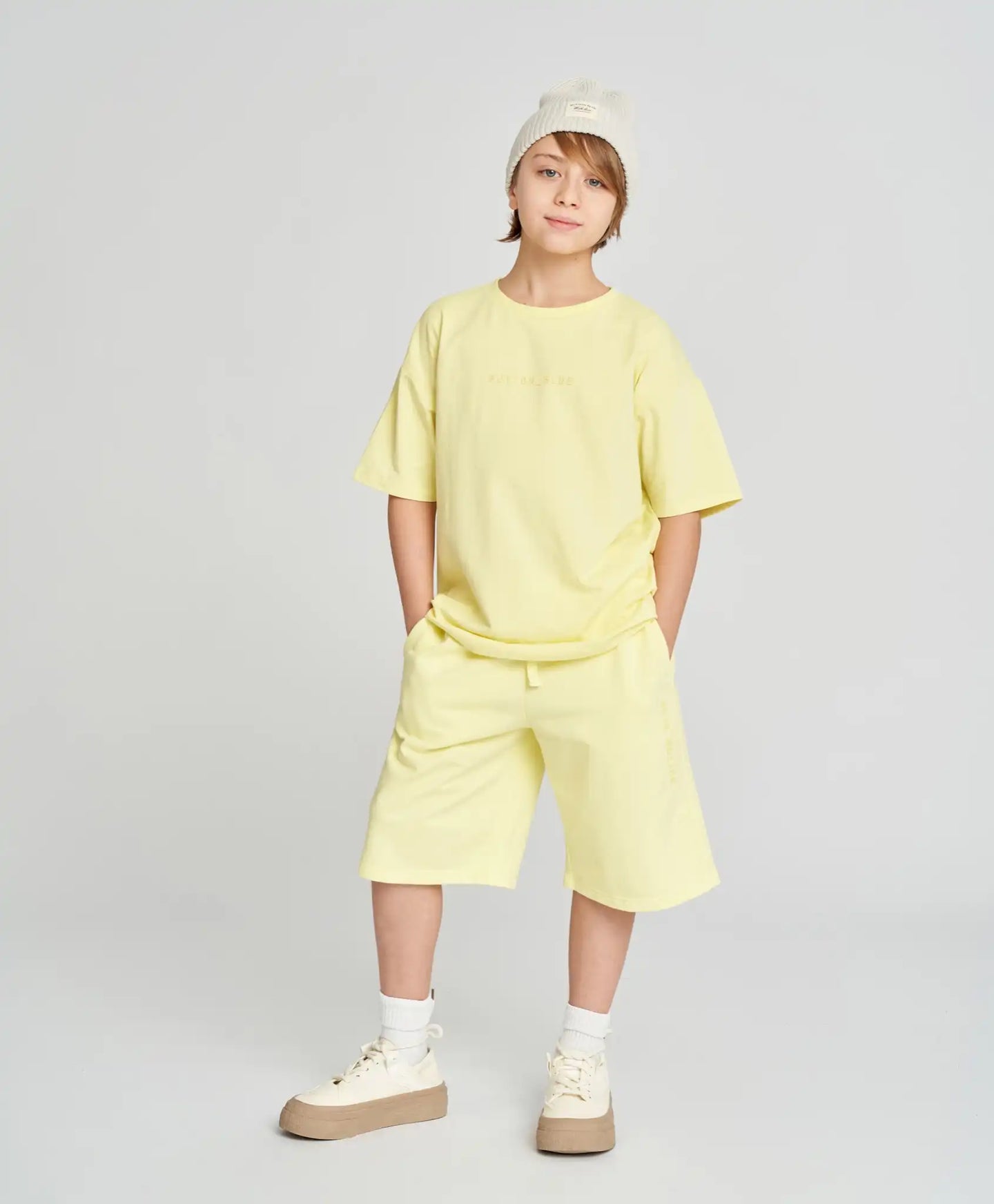 Pantaloni scurți drepți pentru copii, bazați, cu talie elastică, galbeni, Button Blue