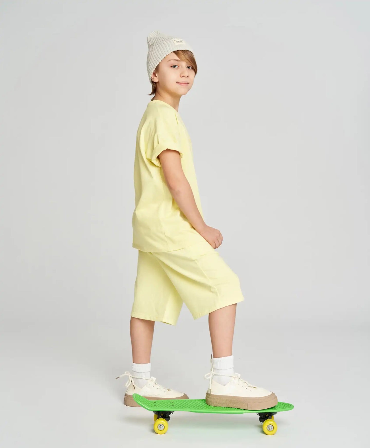 Pantaloni scurți drepți pentru copii, bazați, cu talie elastică, galbeni, Button Blue