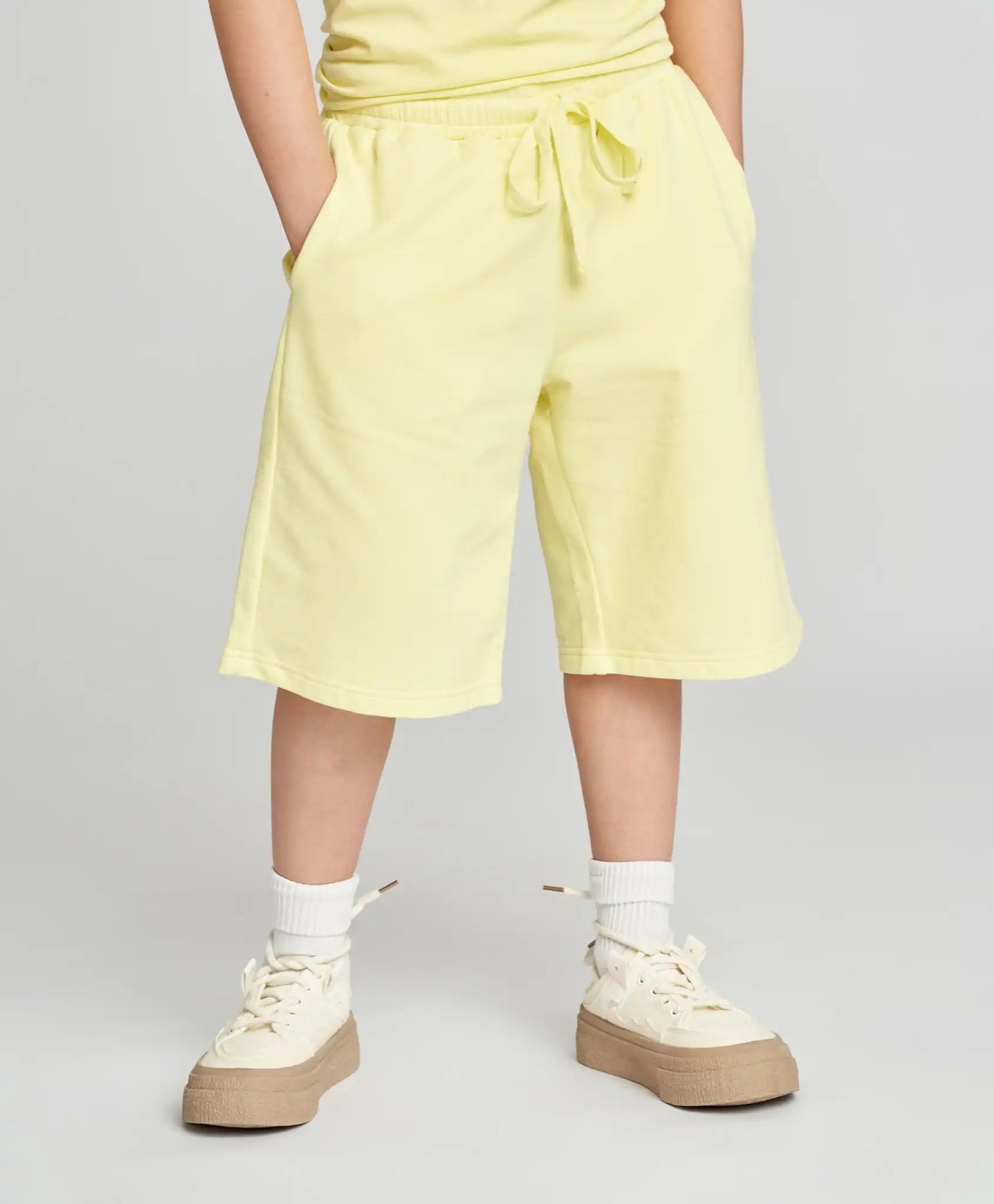 Pantaloni scurți drepți pentru copii, bazați, cu talie elastică, galbeni, Button Blue