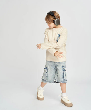 Longsleeve pentru băieți alb-crem cu imprimeu Button Blue