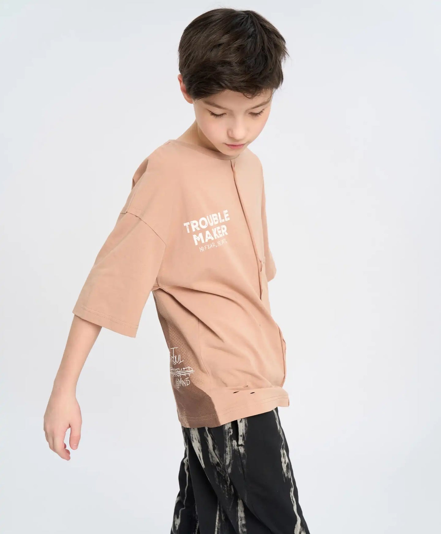 Tricou oversize cu mânecă scurtă pentru băiat, bej, cu imprimeu, Button Blue