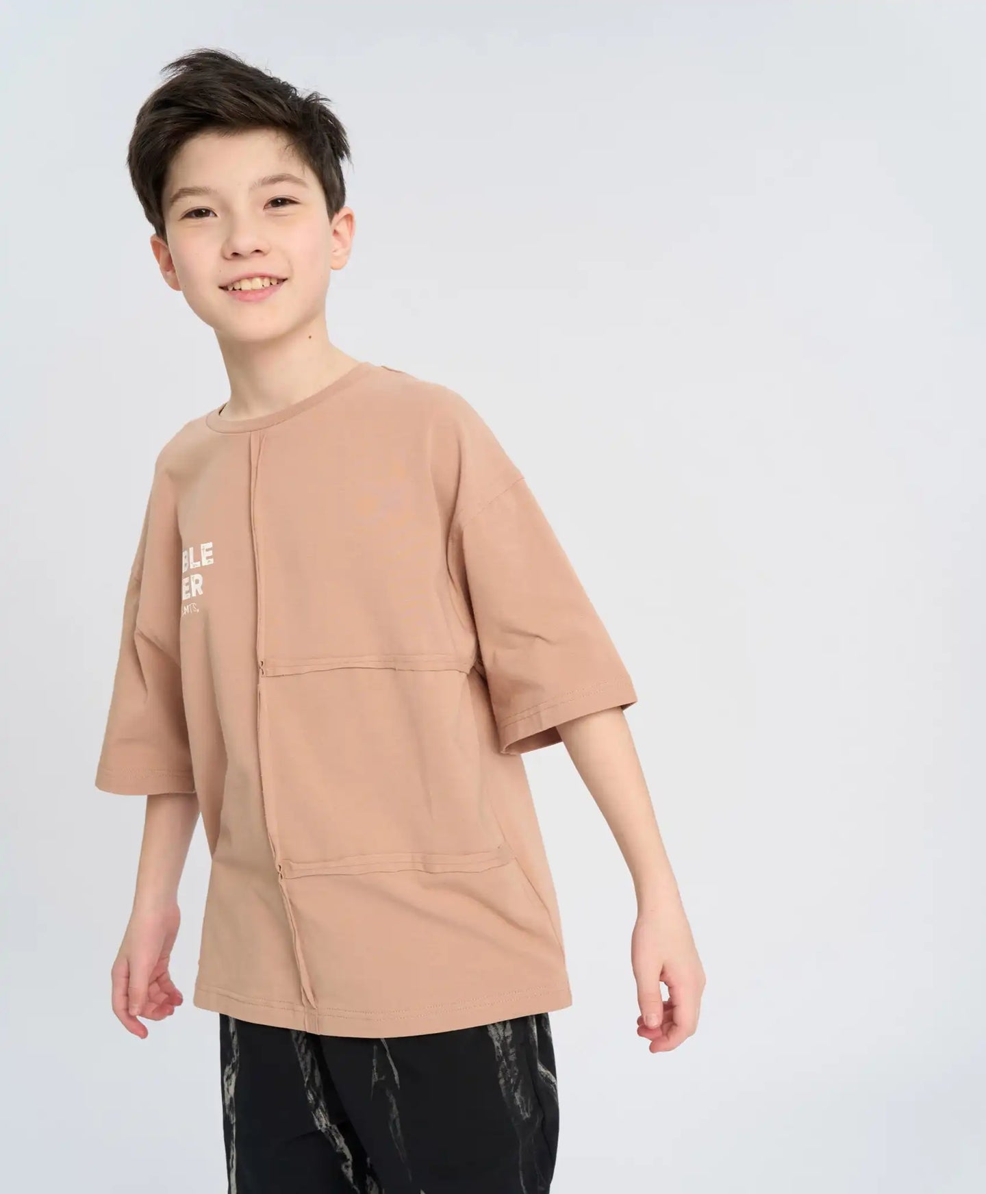 Tricou oversize cu mânecă scurtă pentru băiat, bej, cu imprimeu, Button Blue