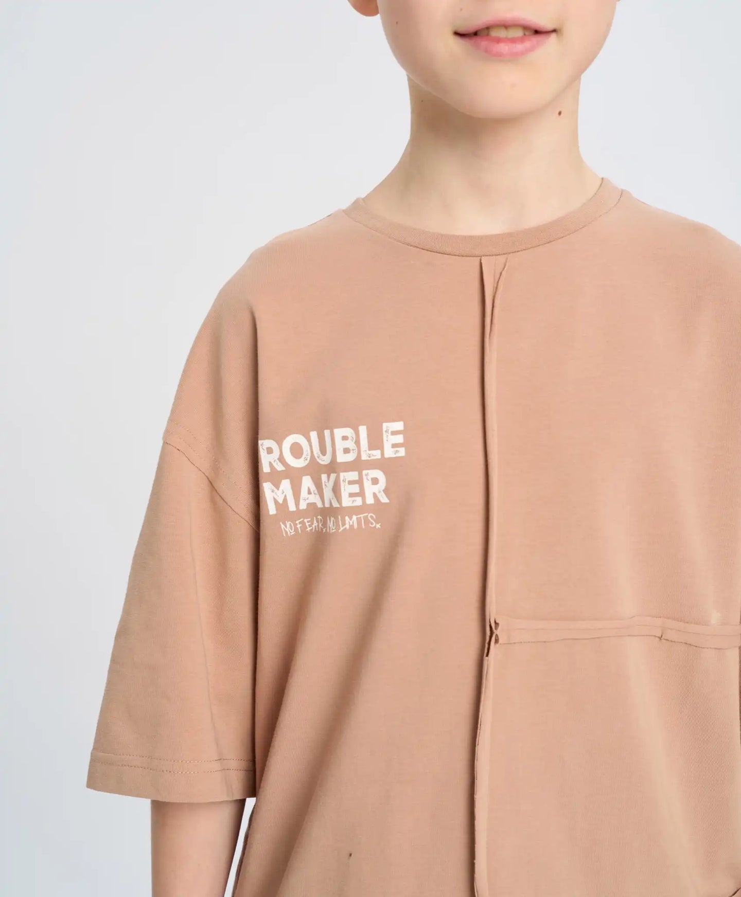 Tricou oversize cu mânecă scurtă pentru băiat, bej, cu imprimeu, Button Blue