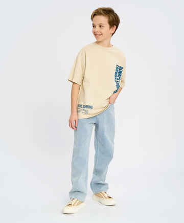 Tricou cu mânecă scurtă pentru băiat, alb lăptos, oversize, cu imprimeu, Button Blue