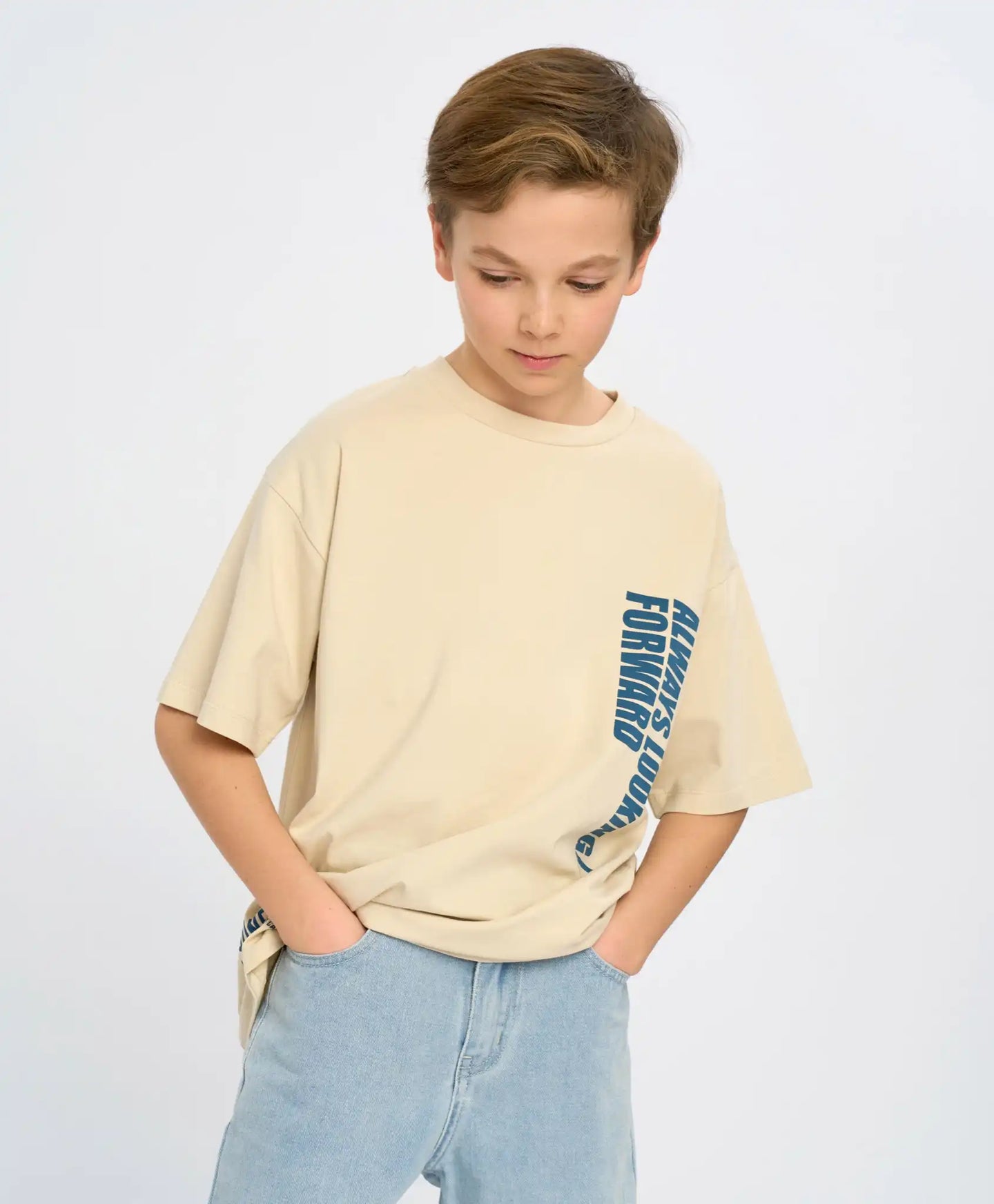 Tricou cu mânecă scurtă pentru băiat, alb lăptos, oversize, cu imprimeu, Button Blue