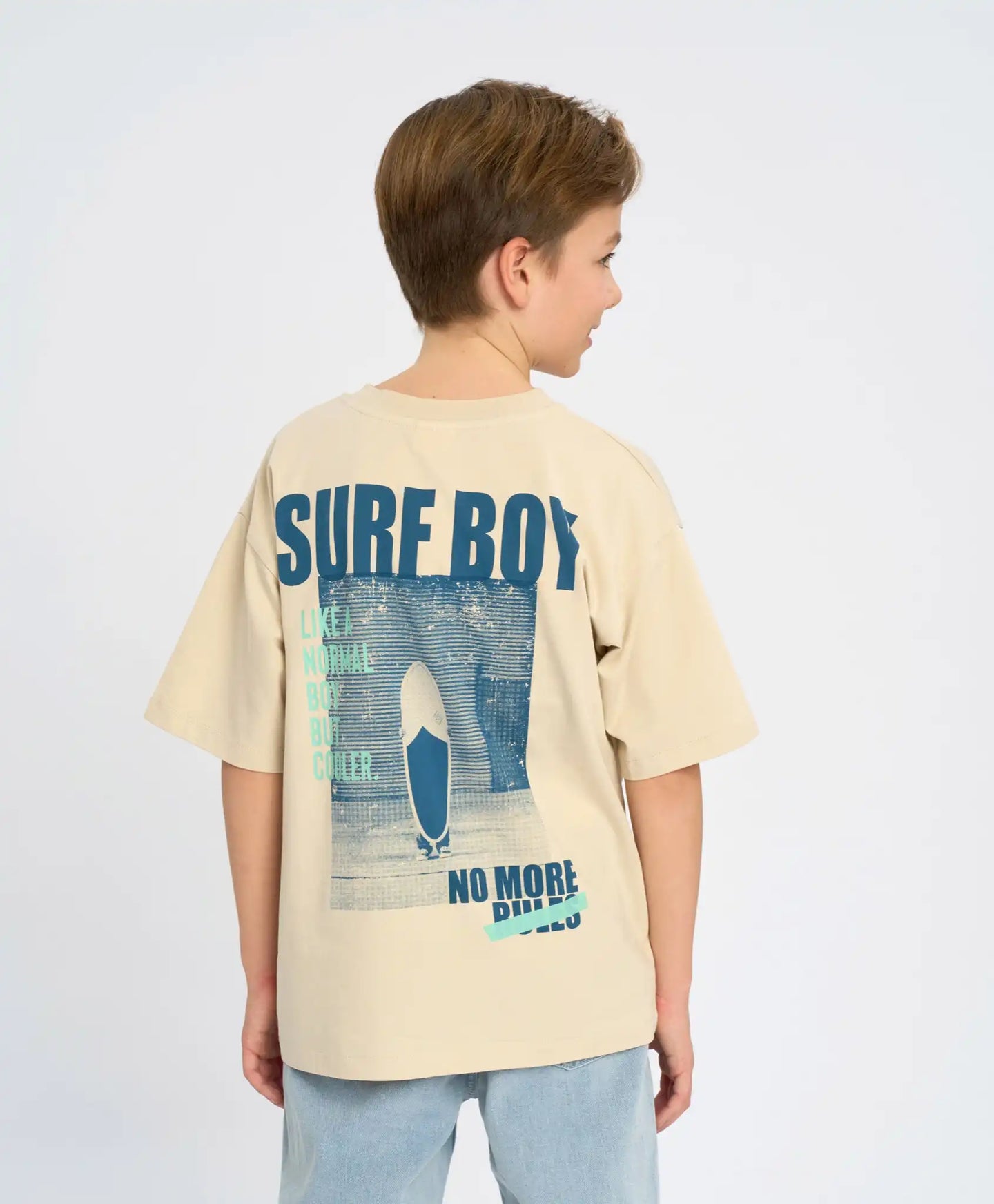 Tricou cu mânecă scurtă pentru băiat, alb lăptos, oversize, cu imprimeu, Button Blue