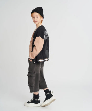 Bomber pentru copii oversized cu imprimeu negru Button Blue