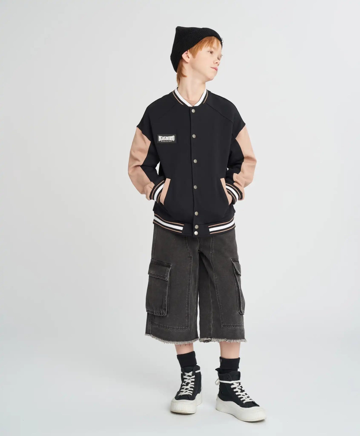 Bomber pentru copii oversized cu imprimeu negru Button Blue