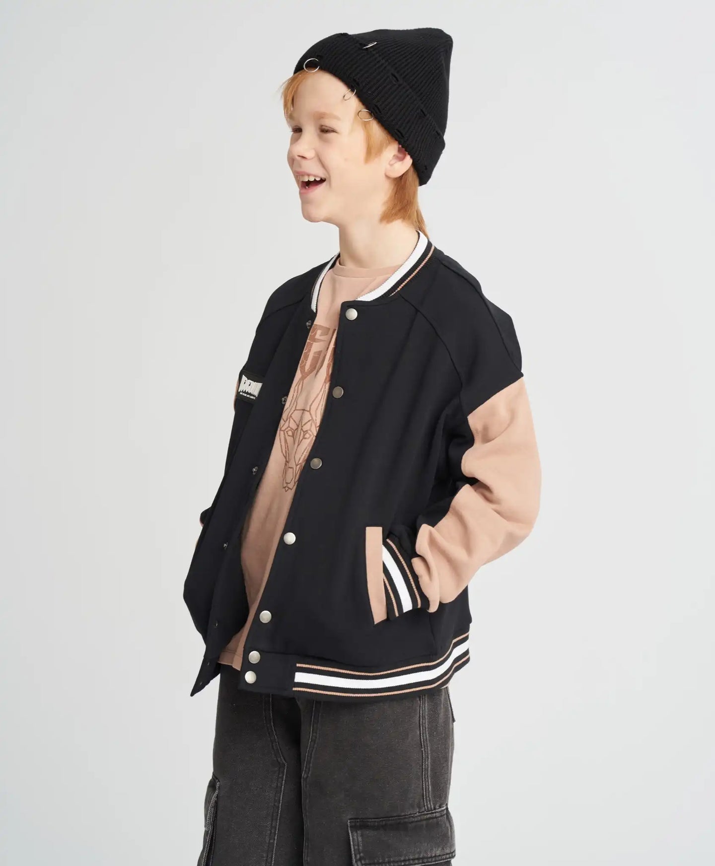 Bomber pentru copii oversized cu imprimeu negru Button Blue