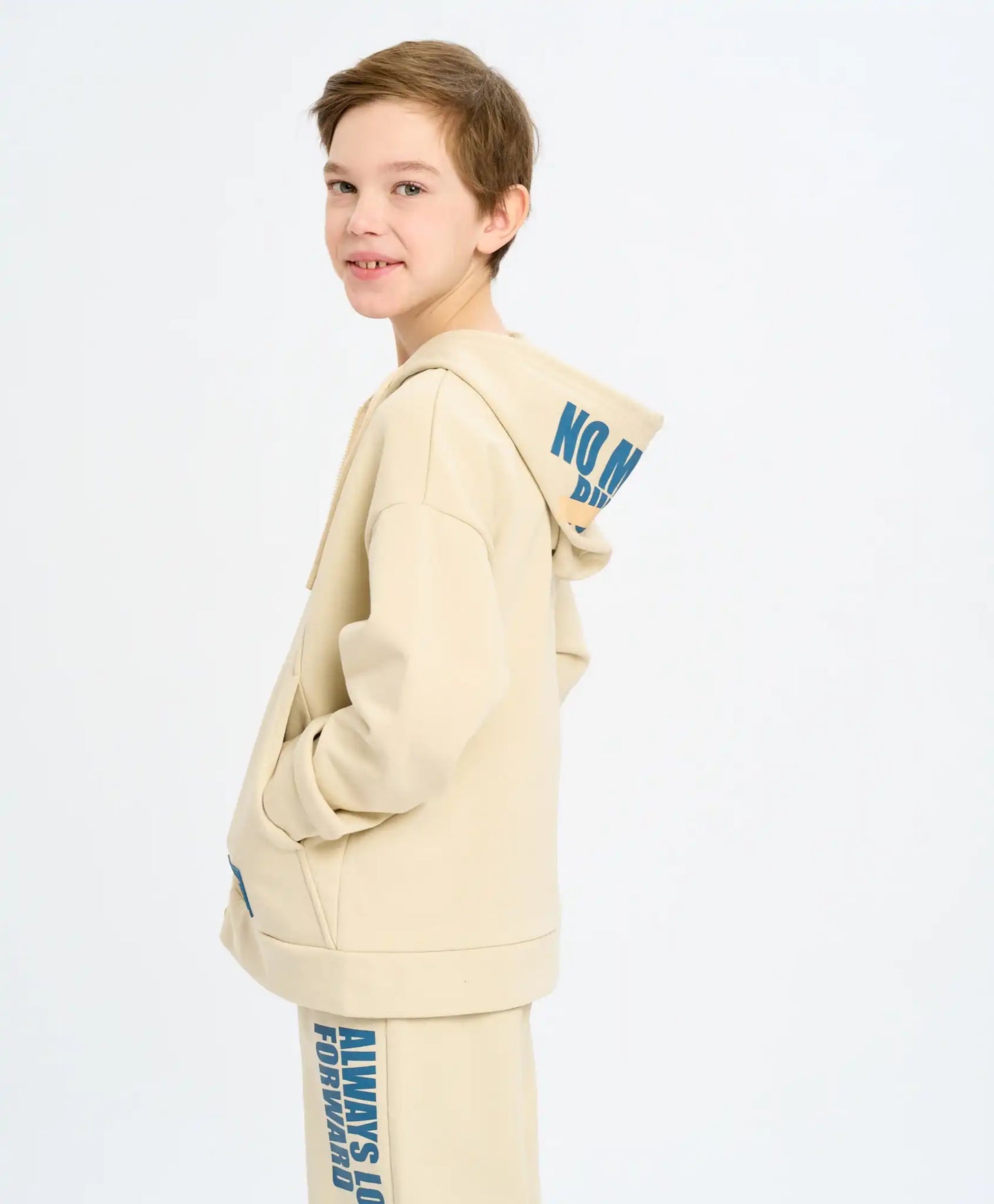 Hanorac cu fermoar, glugă și imprimeu alb-cremos pentru copii Button Blue