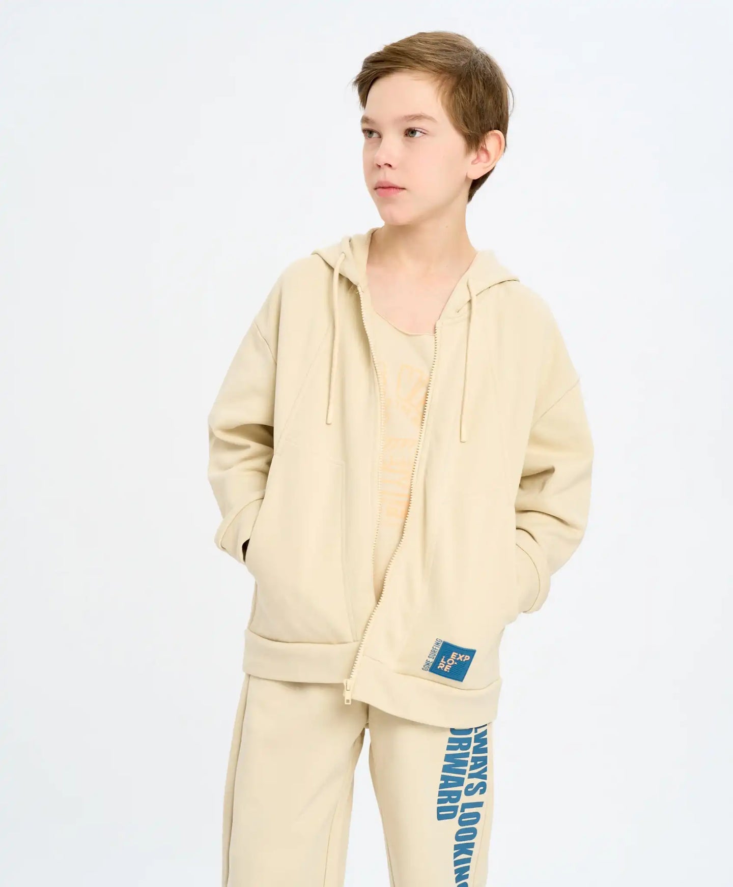 Hanorac cu fermoar, glugă și imprimeu alb-cremos pentru copii Button Blue