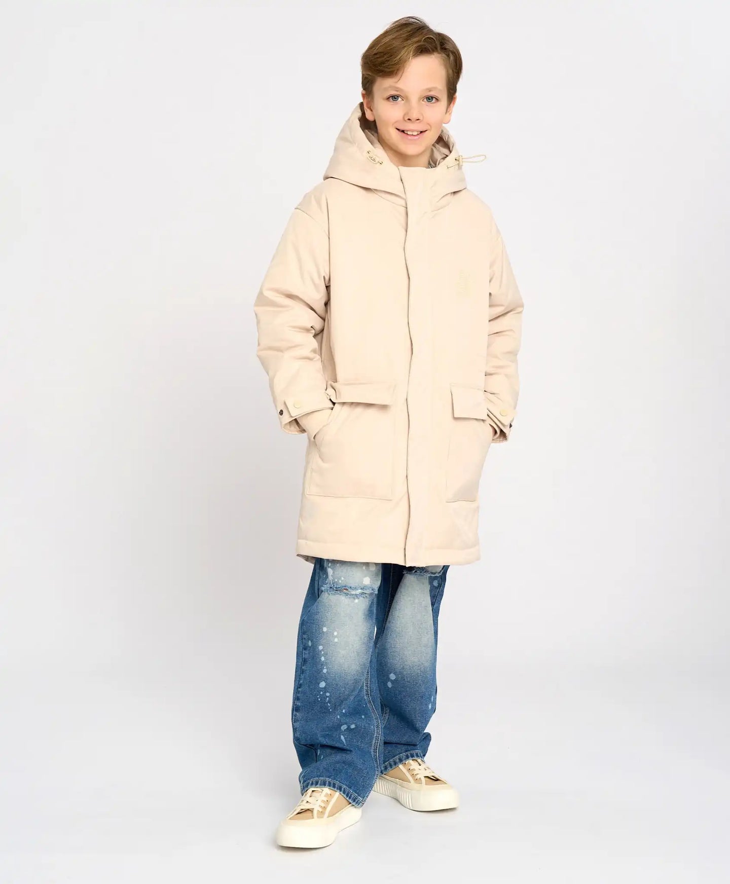 Parka pentru copii, sezon intermediar cu glugă, albă, Button Blue