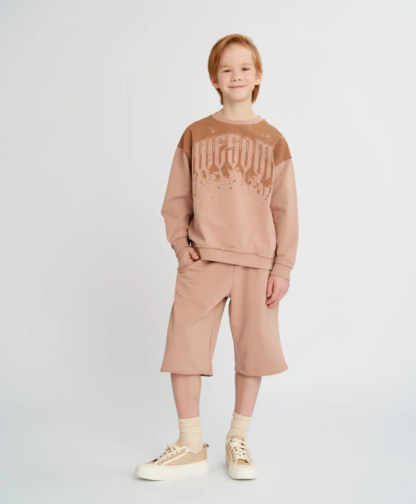 Pantaloni scurți lungi pentru copii, cu talie elastică, bej, Button Blue