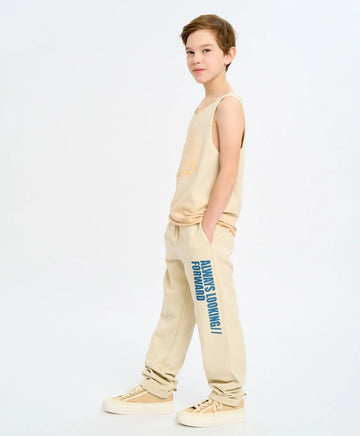 Pantaloni sport pentru copii, albi, cu talie elastică și imprimeu, Button Blue