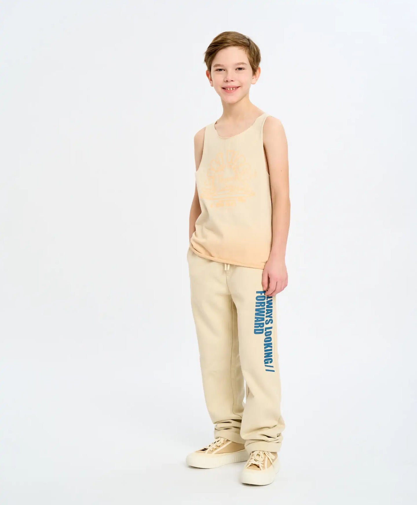 Pantaloni sport pentru copii, albi, cu talie elastică și imprimeu, Button Blue