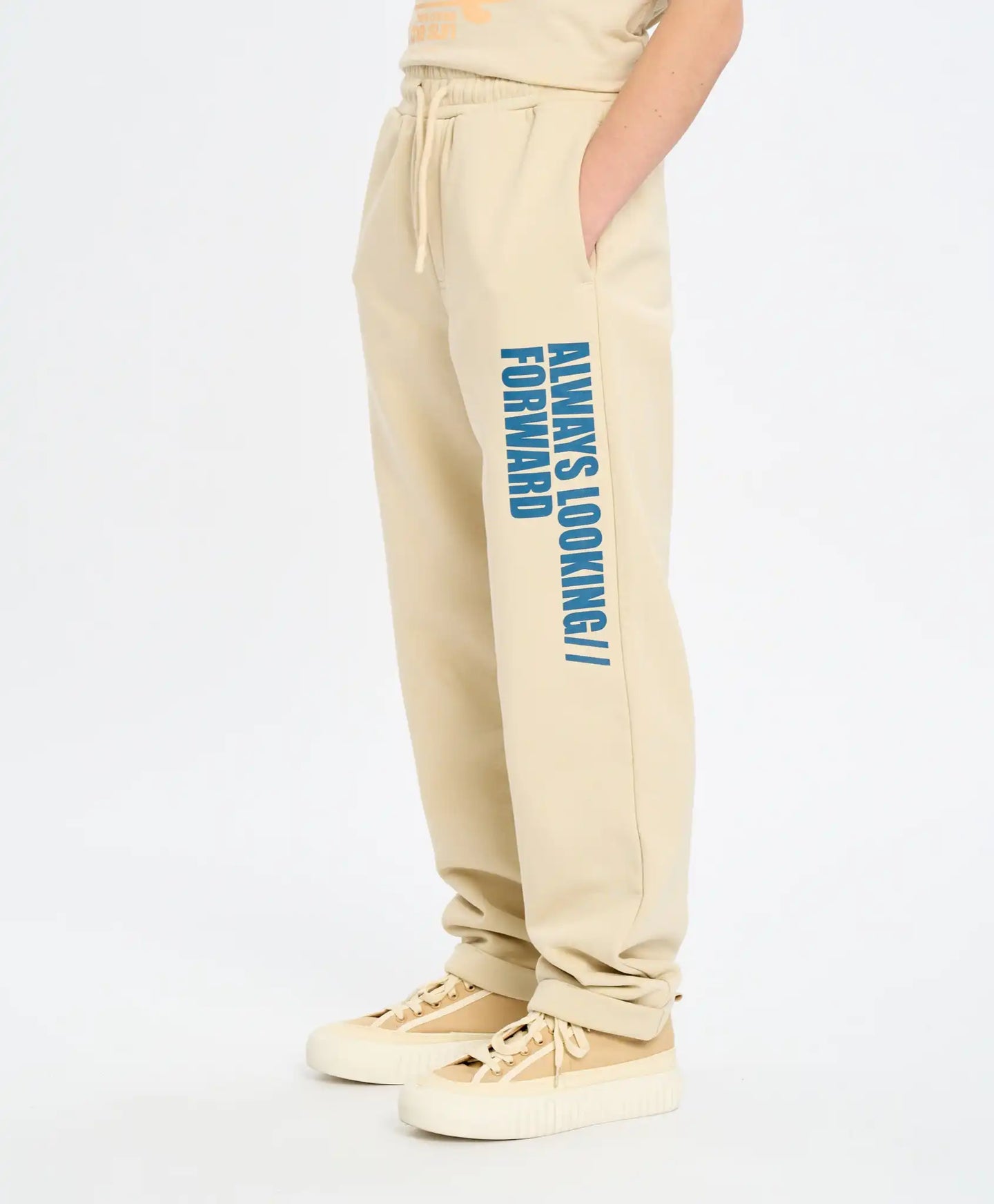 Pantaloni sport pentru copii, albi, cu talie elastică și imprimeu, Button Blue