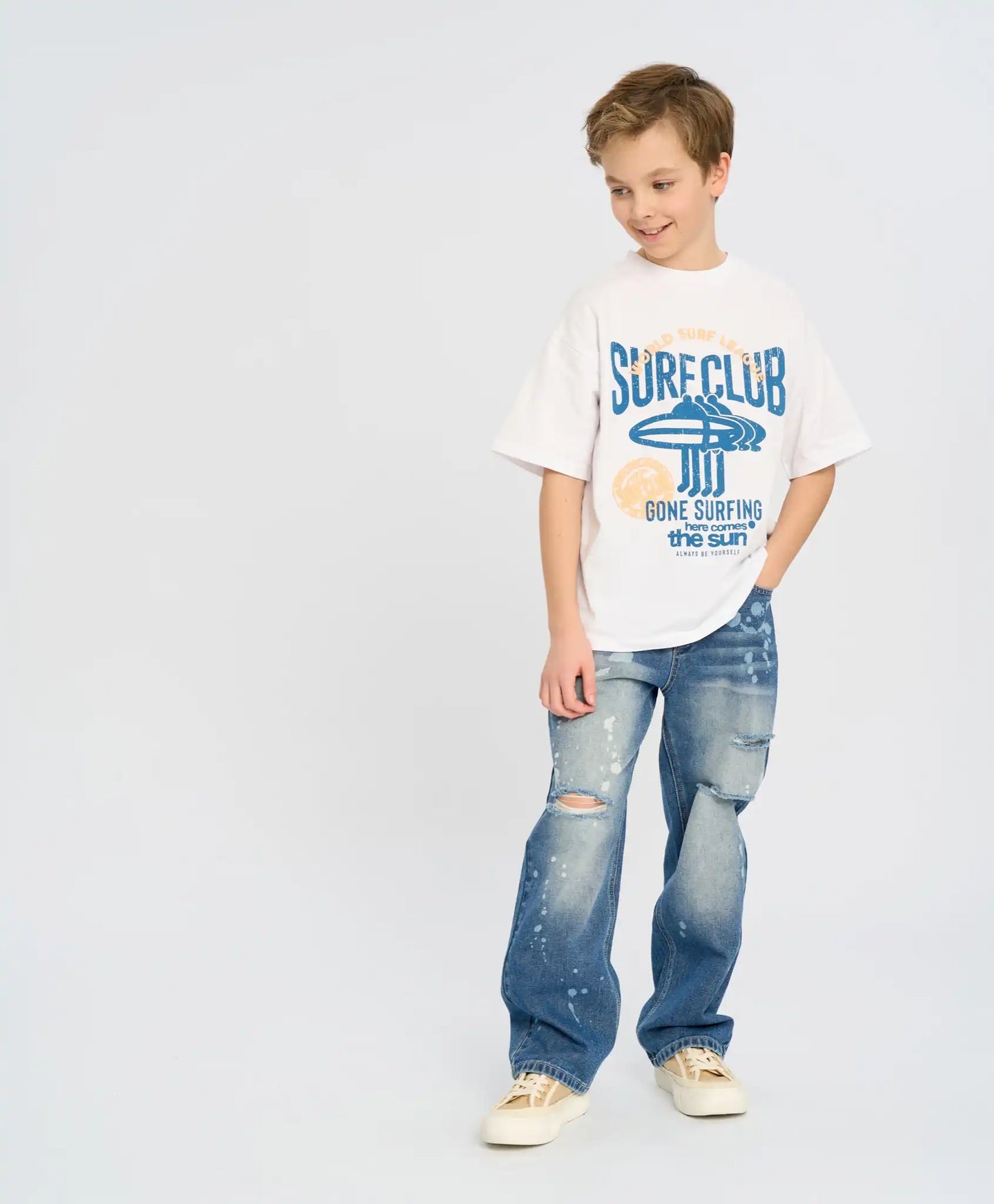 Blugi drepți pentru copii, model mom, albaștri, cu uzură, Button Blue