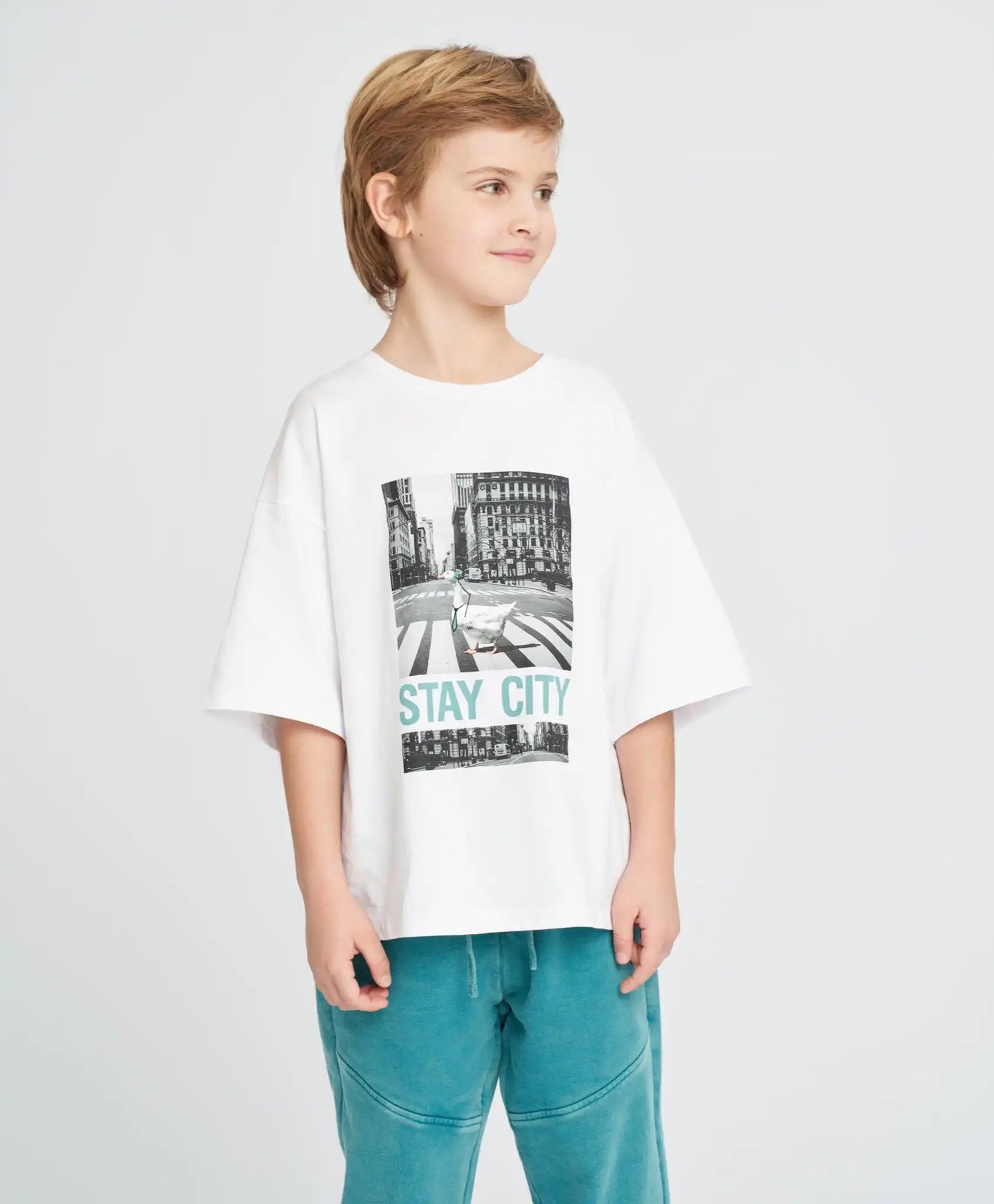 Tricou cu mânecă scurtă pentru băiat, alb, oversize, cu imprimeu, Button Blue