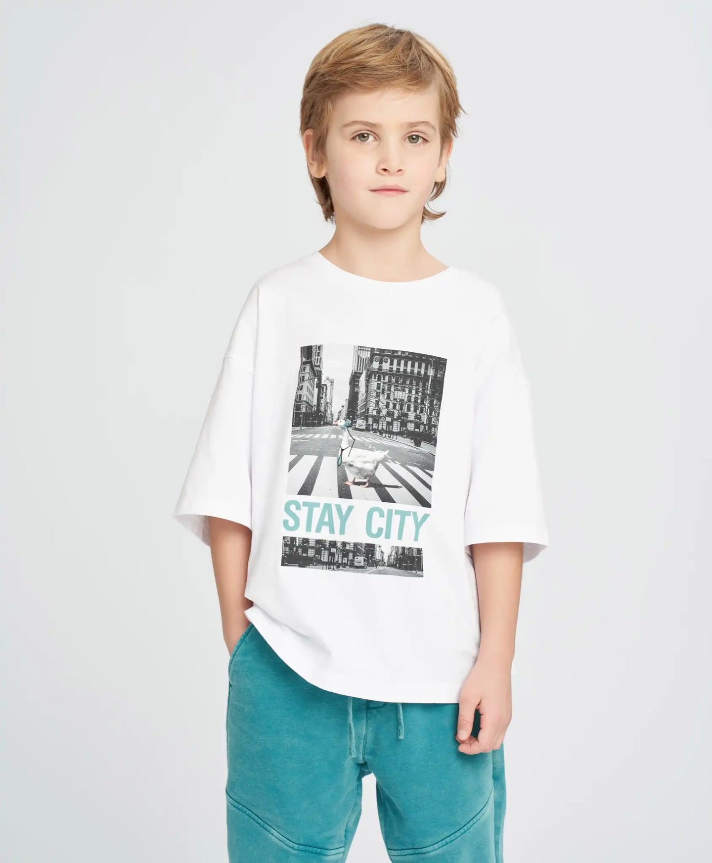 Tricou cu mânecă scurtă pentru băiat, alb, oversize, cu imprimeu, Button Blue