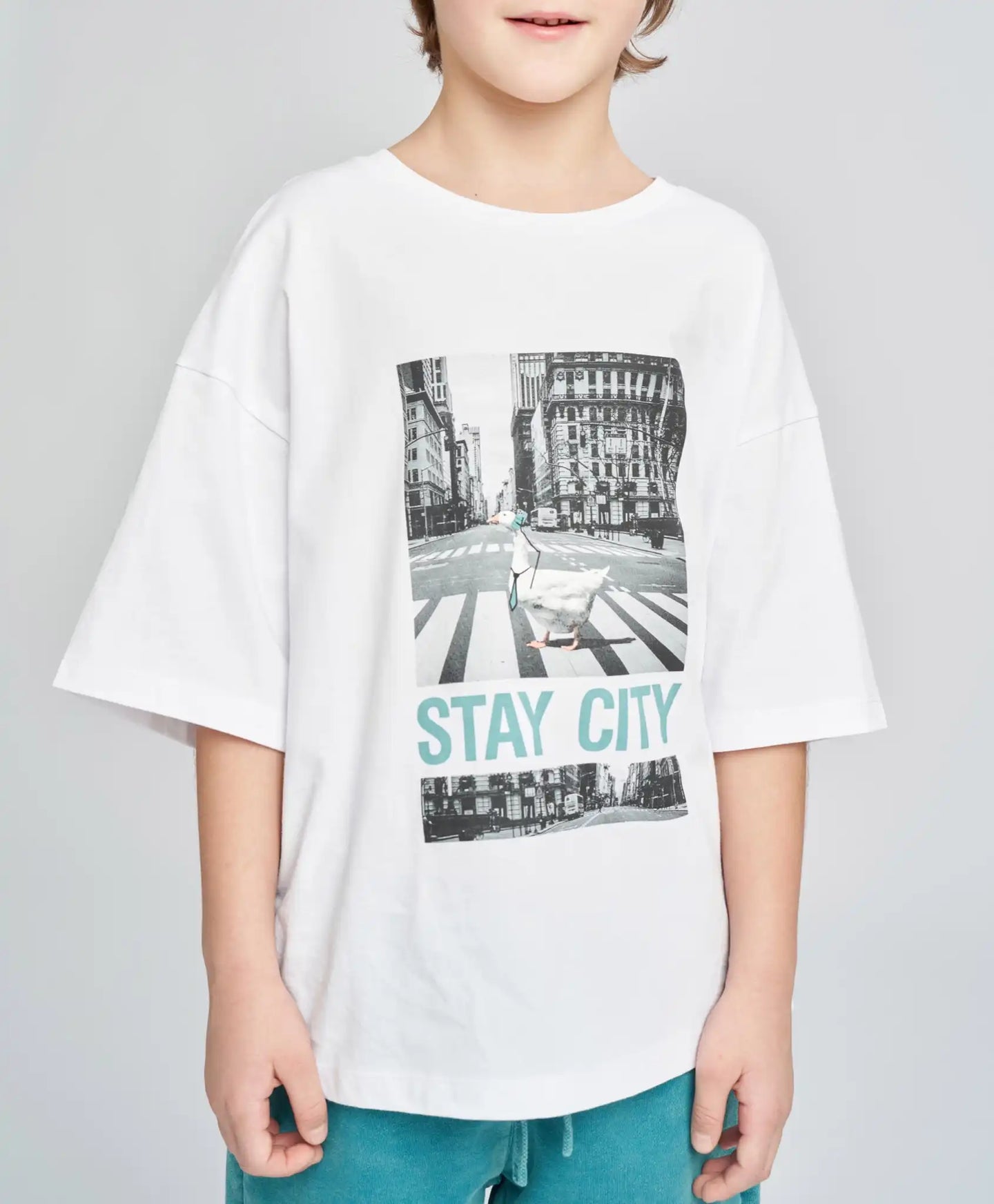 Tricou cu mânecă scurtă pentru băiat, alb, oversize, cu imprimeu, Button Blue