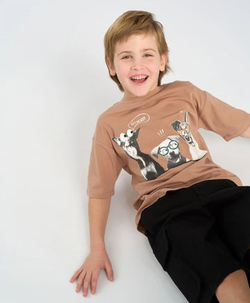 Tricou cu mânecă scurtă pentru băiat, maro, oversize, cu imprimeu, Button Blue