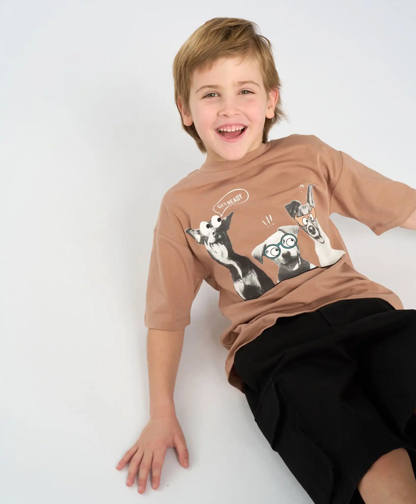 Tricou cu mânecă scurtă pentru băiat, maro, oversize, cu imprimeu, Button Blue