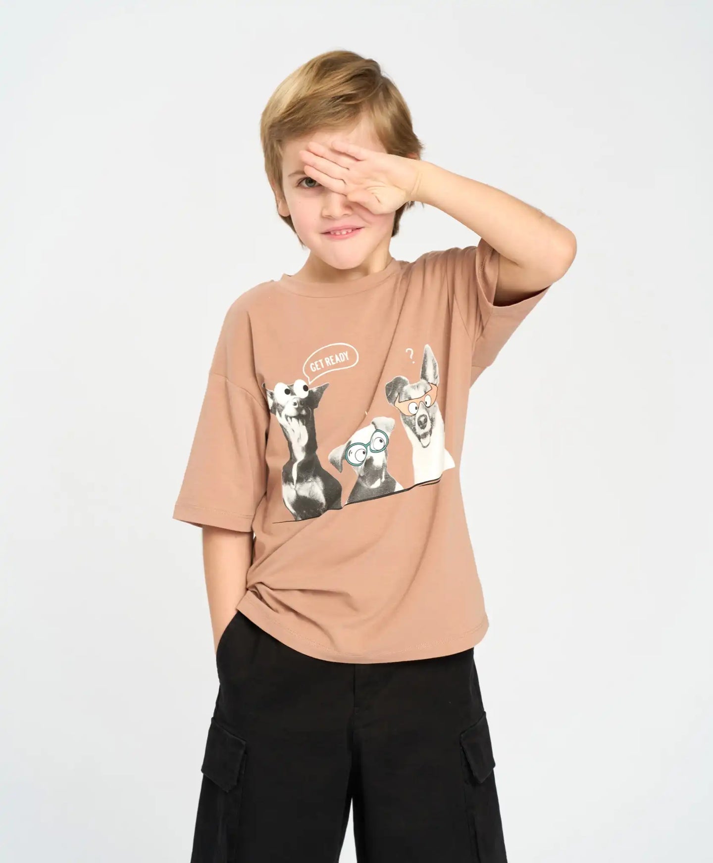 Tricou cu mânecă scurtă pentru băiat, maro, oversize, cu imprimeu, Button Blue