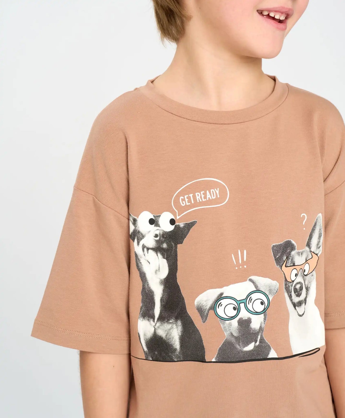 Tricou cu mânecă scurtă pentru băiat, maro, oversize, cu imprimeu, Button Blue