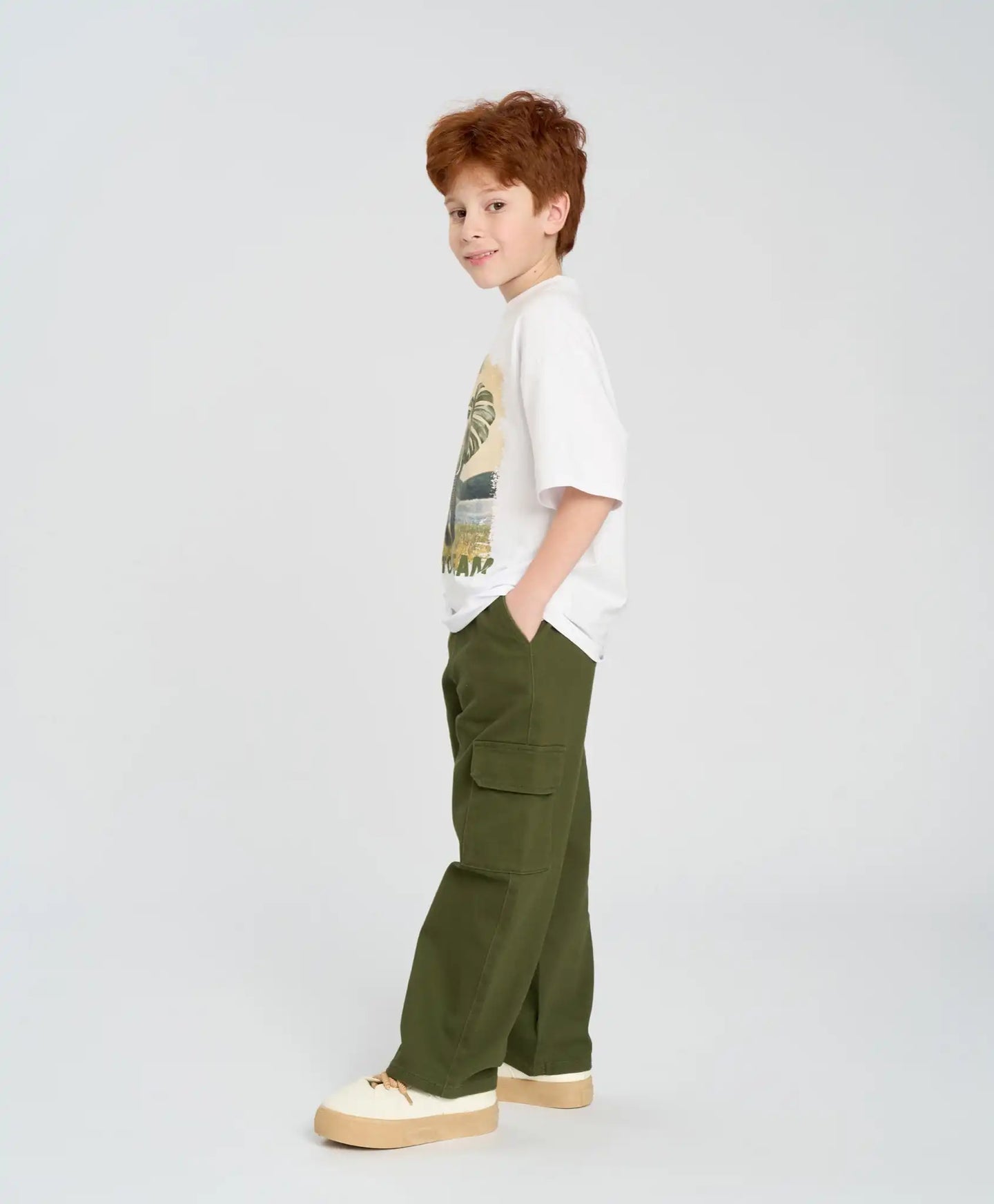 Tricou cu mânecă scurtă pentru băiat, alb, oversize, cu imprimeu, Button Blue