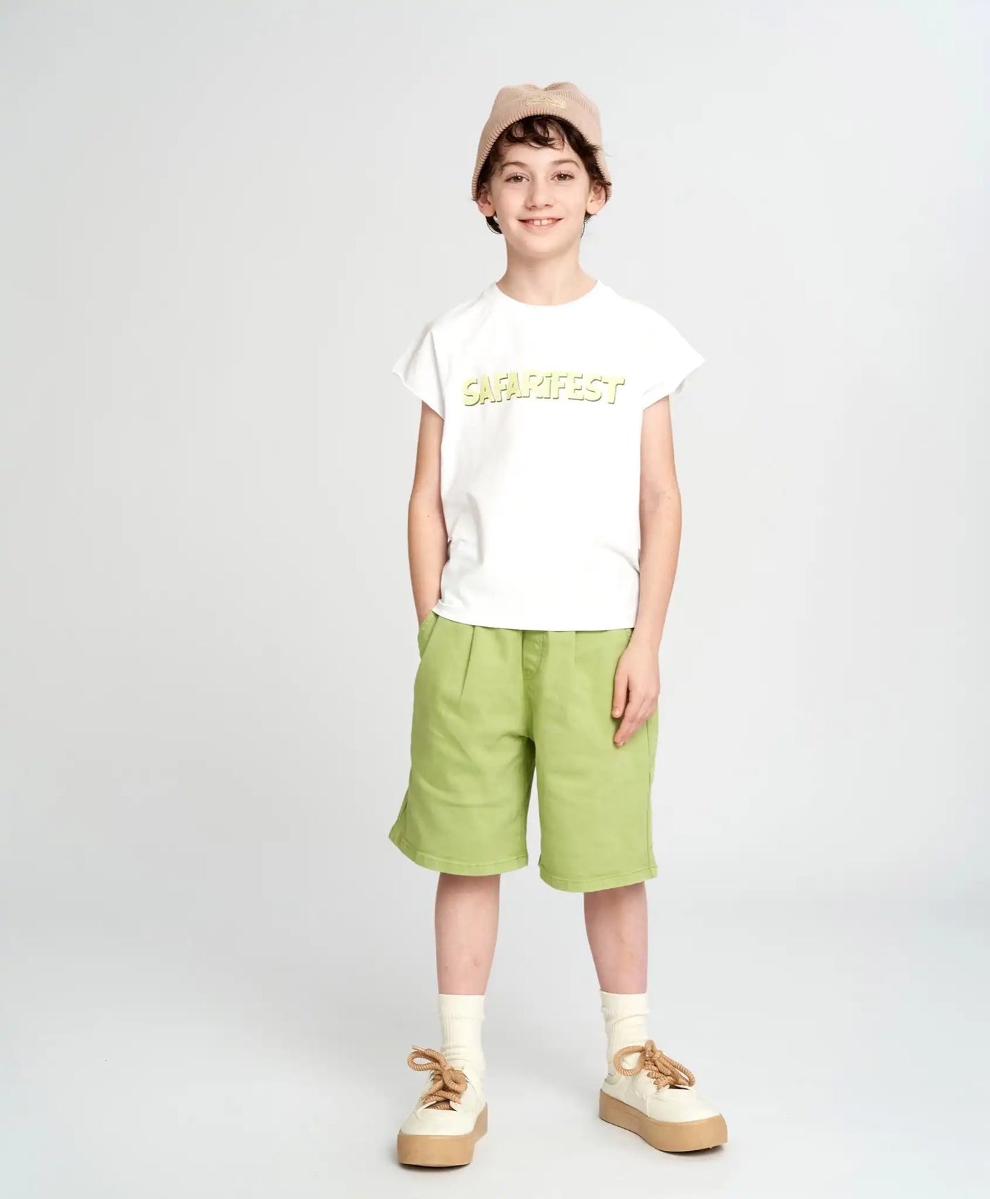 Pantaloni scurți pentru băiat, verzi, sub genunchi, cu talie elastică, Button Blue