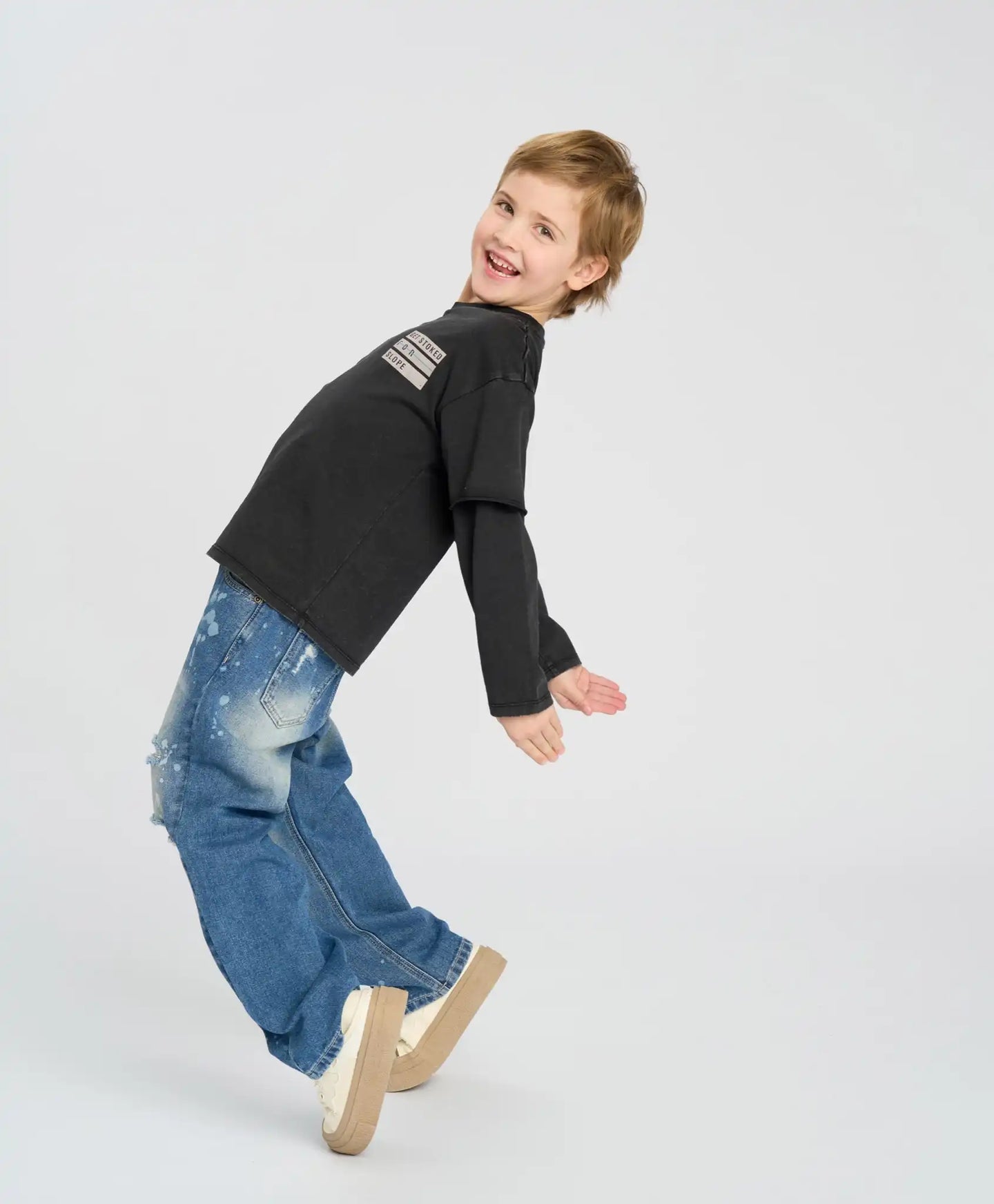 Blugi drepți pentru copii, albaștri, cu uzură, Button Blue