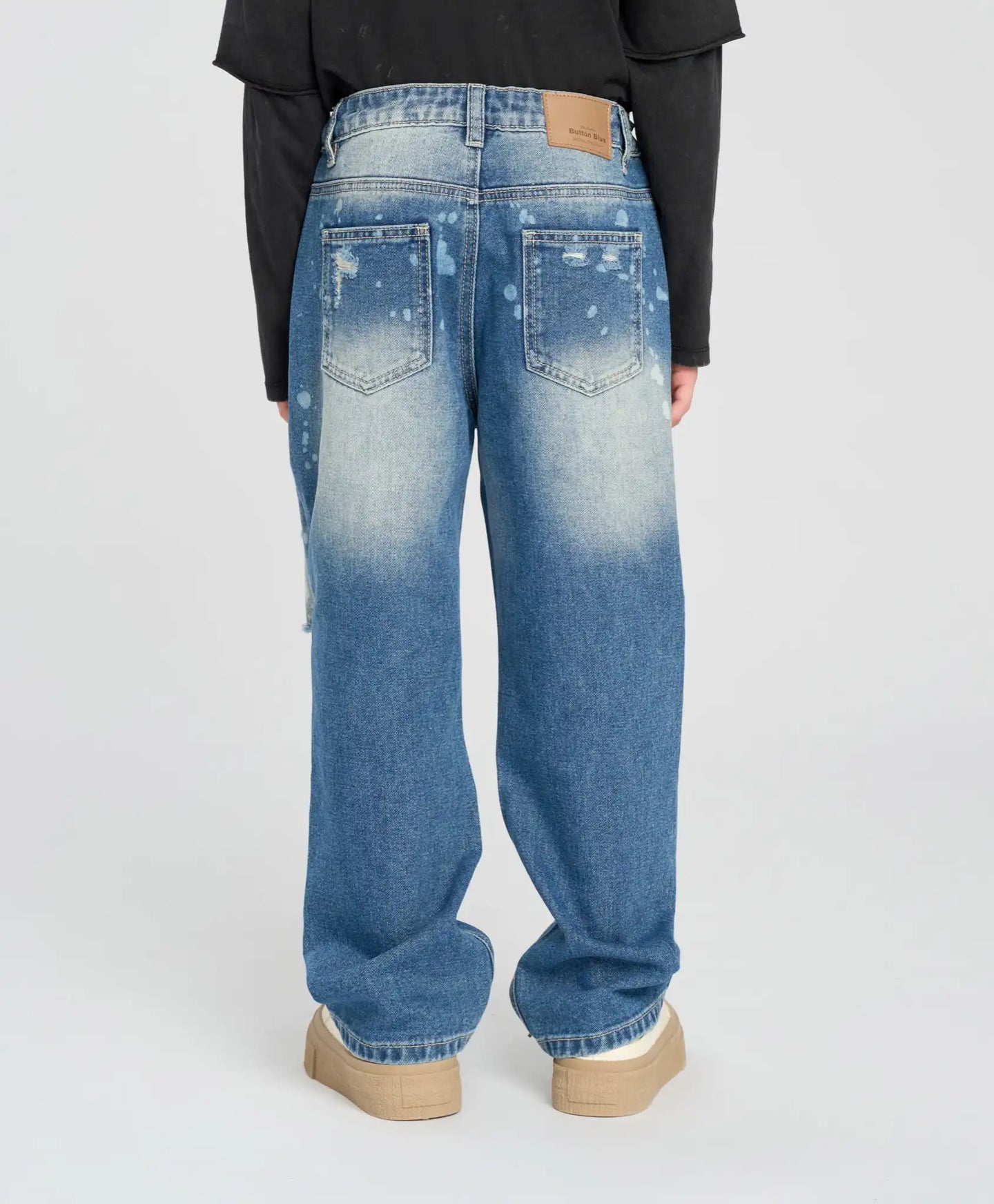Blugi drepți pentru copii, albaștri, cu uzură, Button Blue